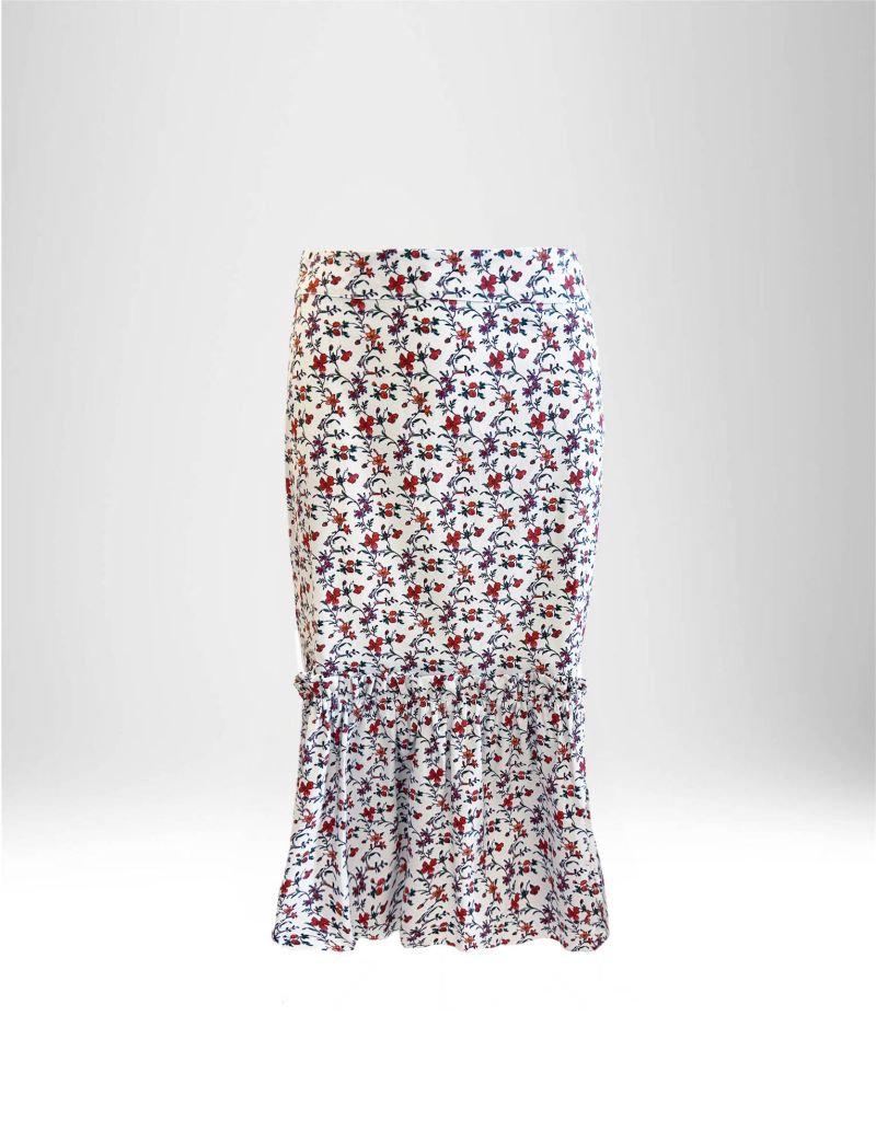 FLOWER PRINT MIDI SKIRT IN STRETCH POPLIN