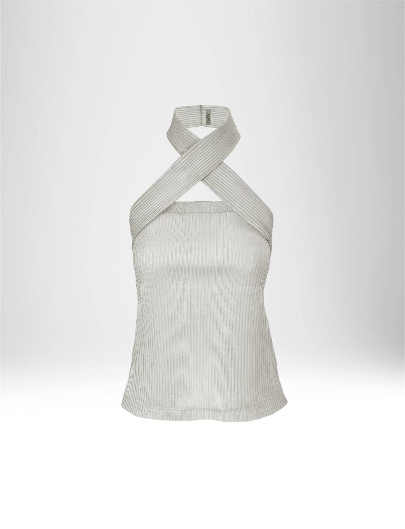 NEW HALLHUBER FRONT CROSSOVER TOP IN POLYESTER RIB KNIT