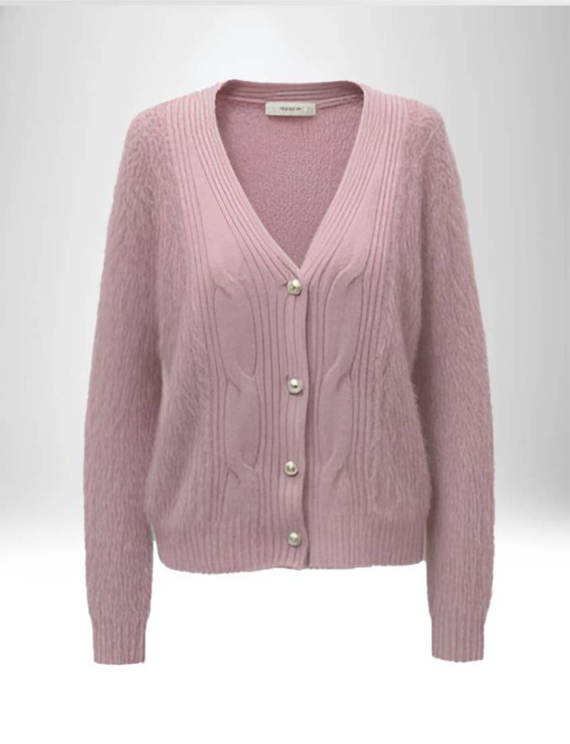 PINK CARDIGAN WITH DEEP V-NECK AND PEARL-EFFECT JEWEL BUTTONS