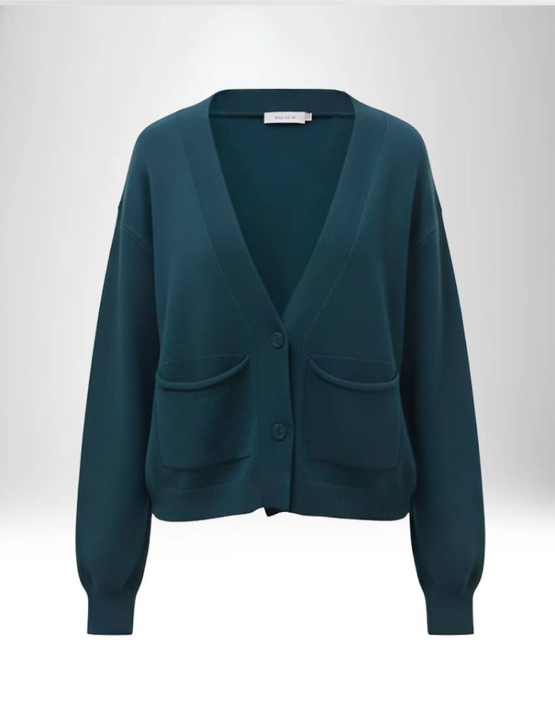 TEAL CARDIGAN WITH DEEP V-NECK AND TWO FRONT FLAP POCKETS