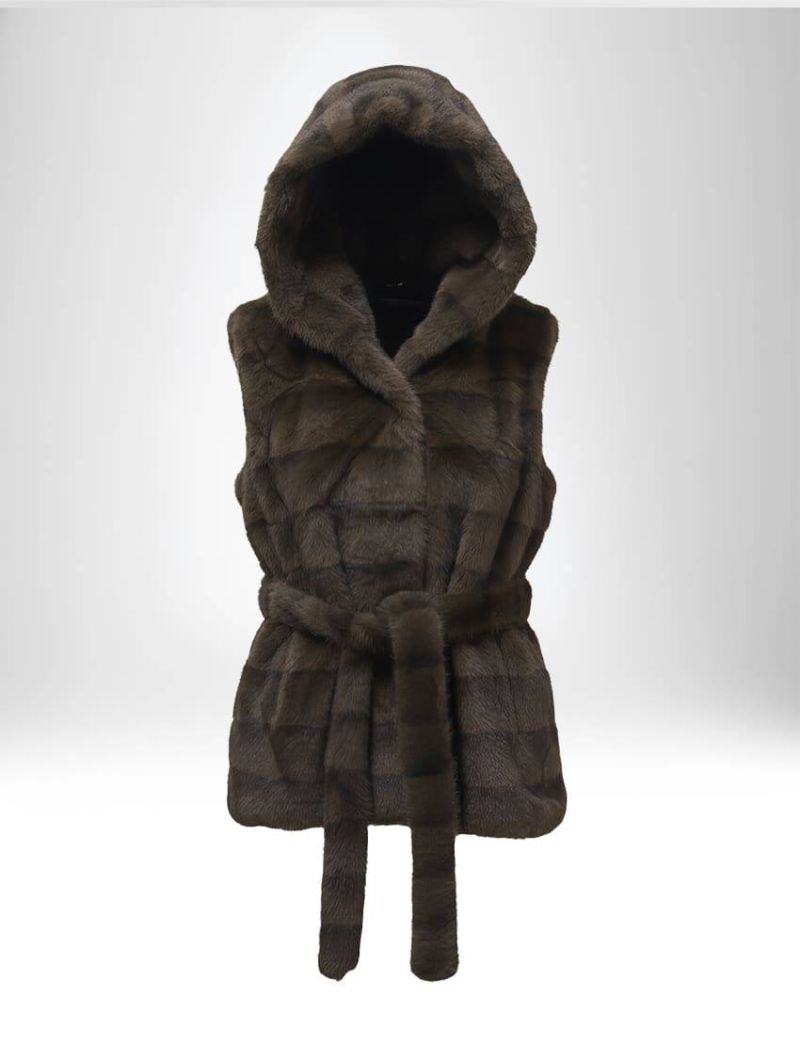 FAUX FUR GILET WITH NON-REMOVABLE HOOD, WAIST BELT AND TWO WELT POCKETS