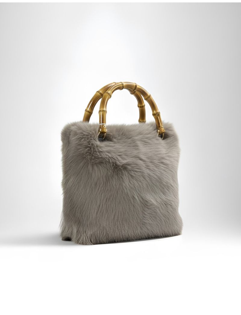 FAUX FUR HANDBAG WITH WOOD-EFFECT HANDLE