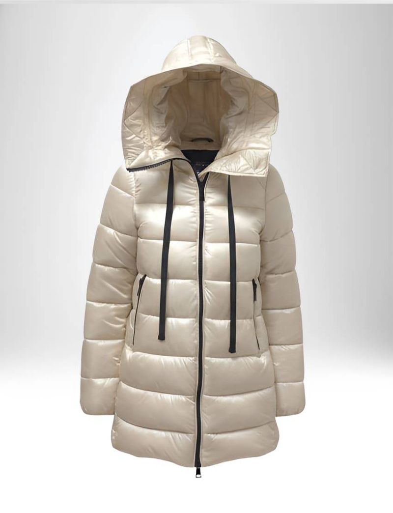 ELEGANT GLOSSY PADDED JACKET WITH NON-REMOVABLE HOOD, NECK STRINGS AND TWO FRONT ZIP POCKETS