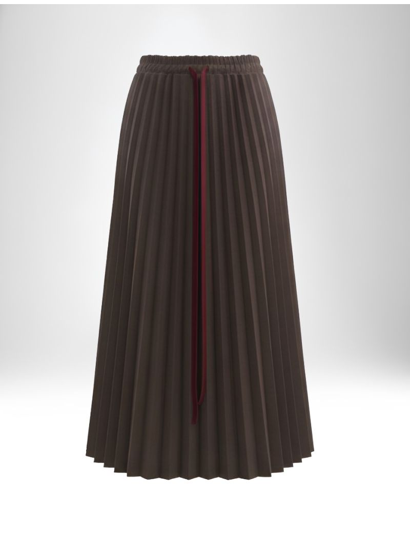 BROWN PLEATED MIDI SKIRT WITH RAW HEM AND BELT LOOPS