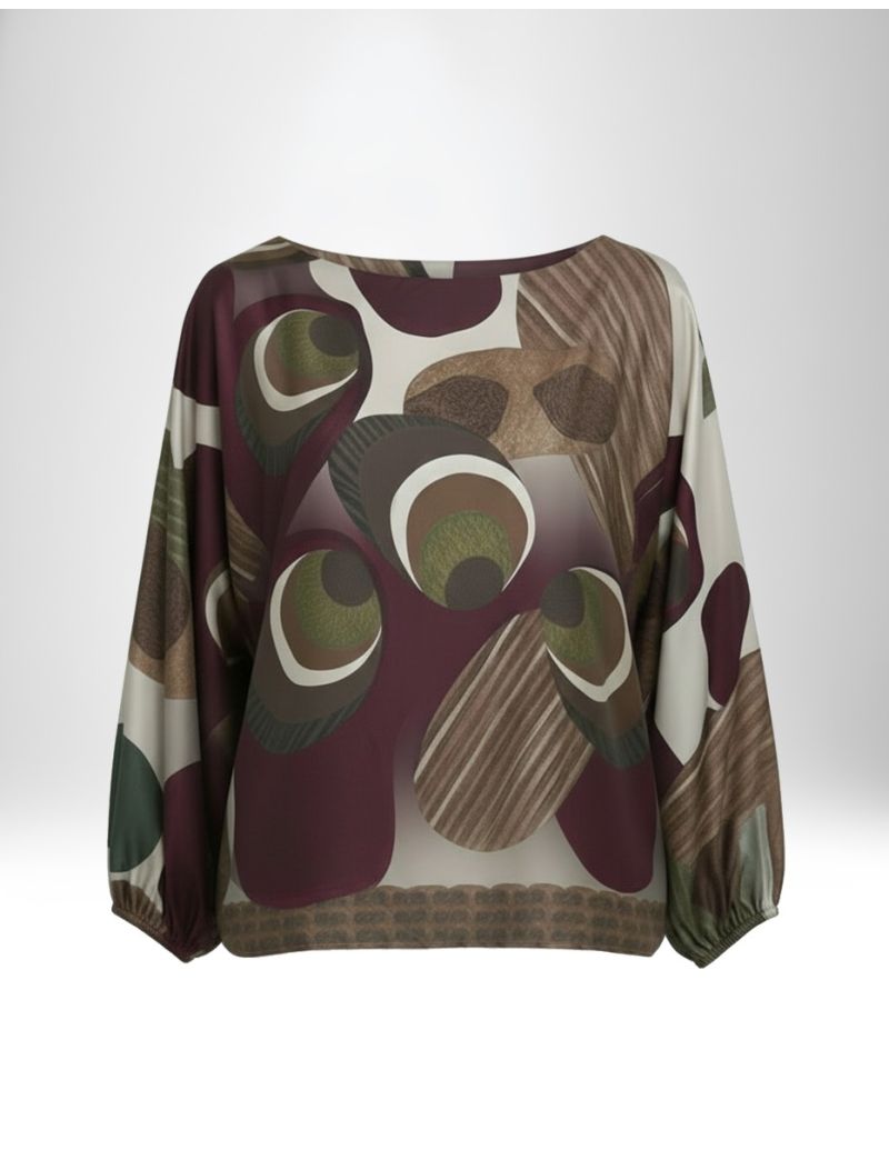 GEOMETRIC PRINT BLOUSE WITH WIDE SLEEVES AND BOAT NECKLINE