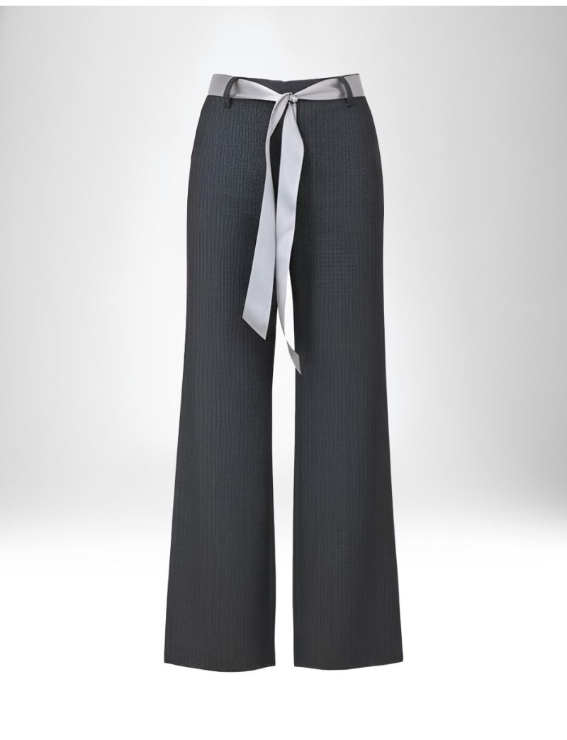 ANTHRACITE WIDE-LEG LAMINATED-EFFECT TROUSERS WITH SATIN BELT AND ELASTIC WAIST