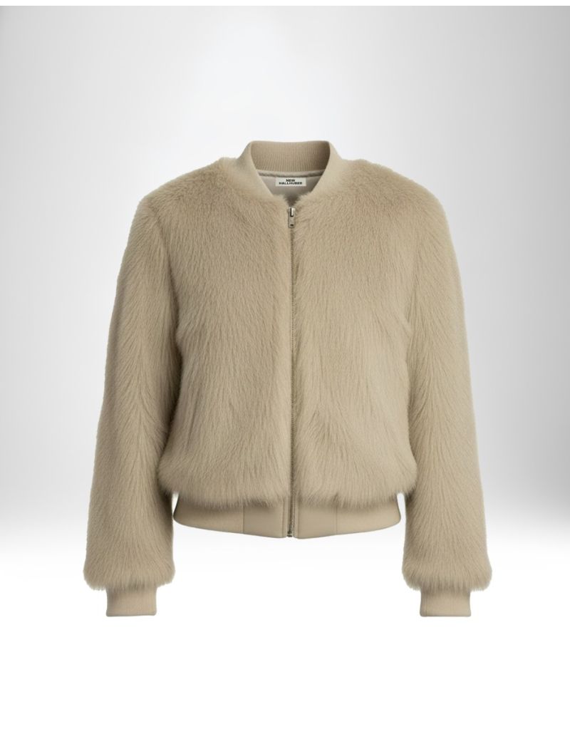 FAUX FUR BOMBER WITH FAUX LEATHER DETAILS