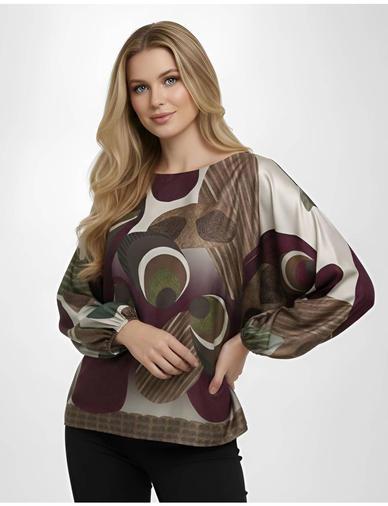 GEOMETRIC PRINT BLOUSE WITH WIDE SLEEVES AND BOAT NECKLINE