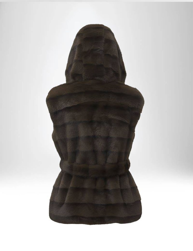 FAUX FUR GILET WITH NON-REMOVABLE HOOD, WAIST BELT AND TWO WELT POCKETS
