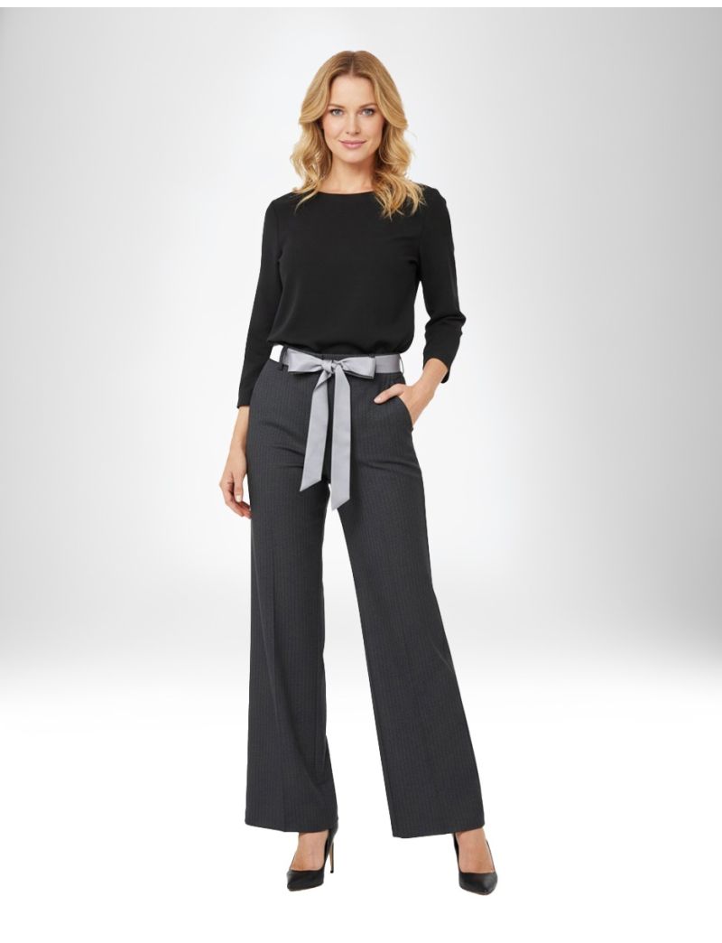 ANTHRACITE WIDE-LEG LAMINATED-EFFECT TROUSERS WITH SATIN BELT AND ELASTIC WAIST