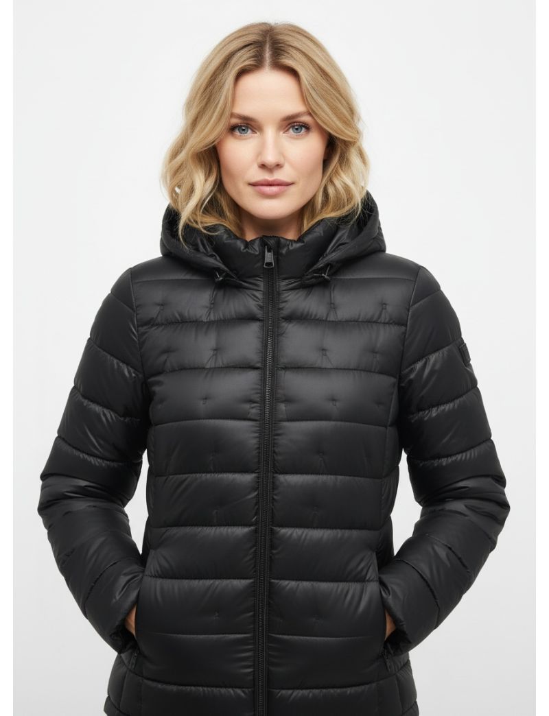 SHORT PADDED JACKET WITH NON-REMOVABLE HOOD AND TWO FRONT POCKETS