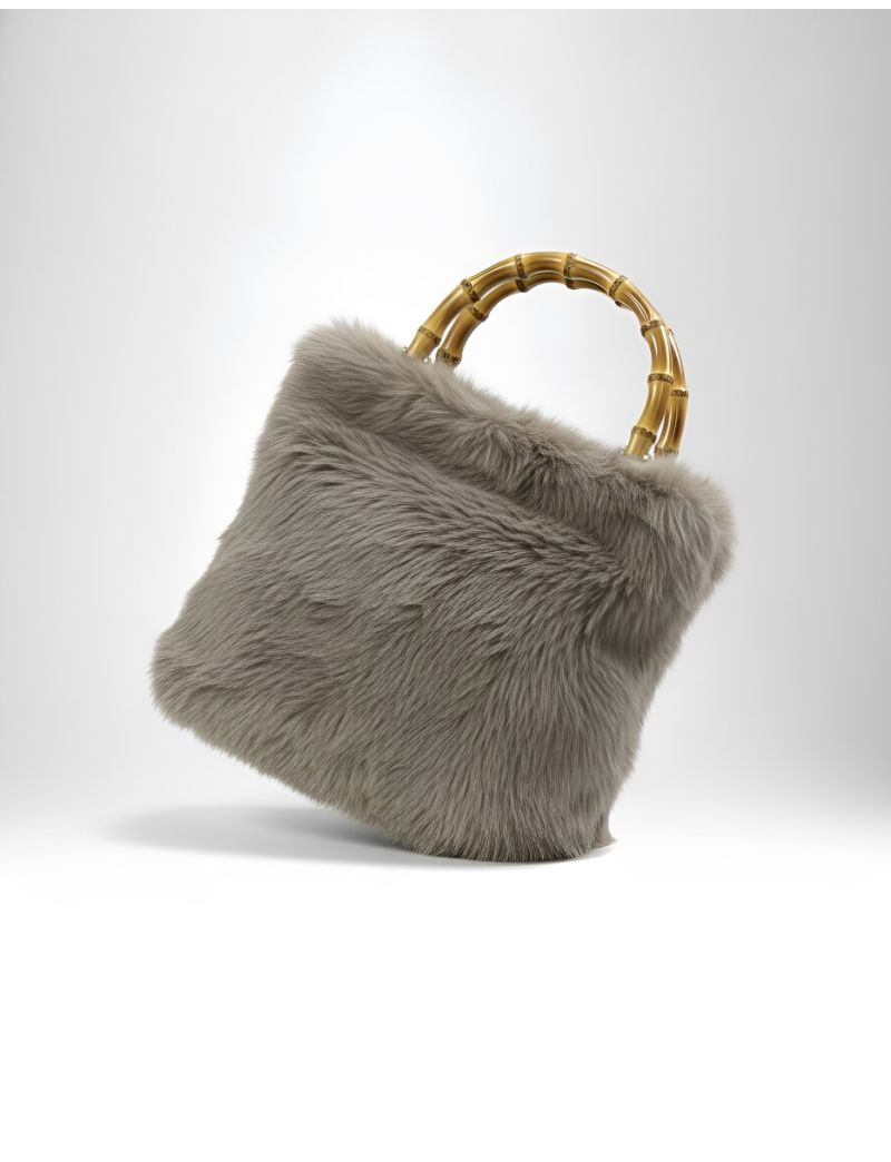 FAUX FUR HANDBAG WITH WOOD-EFFECT HANDLE