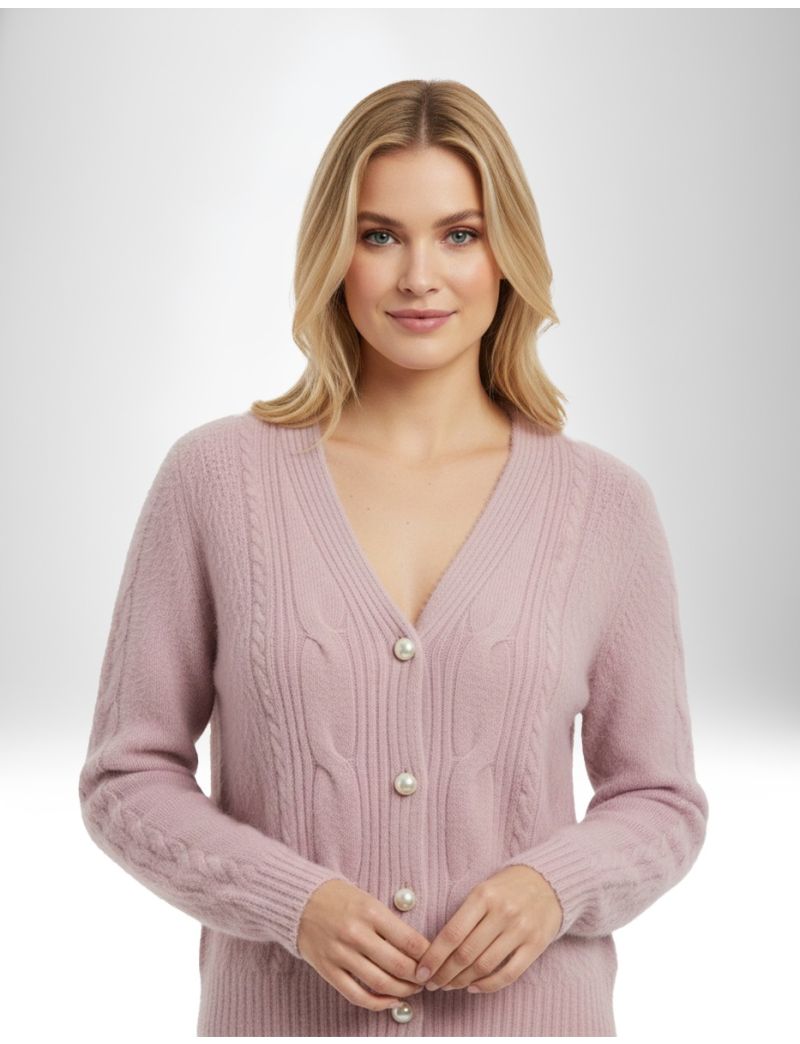 PINK CARDIGAN WITH DEEP V-NECK AND PEARL-EFFECT JEWEL BUTTONS