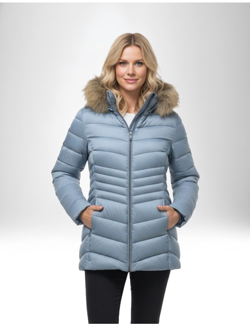 PADDED JACKET WITH NON-REMOVABLE FAUX FUR HOOD AND TWO SIDE POCKETS