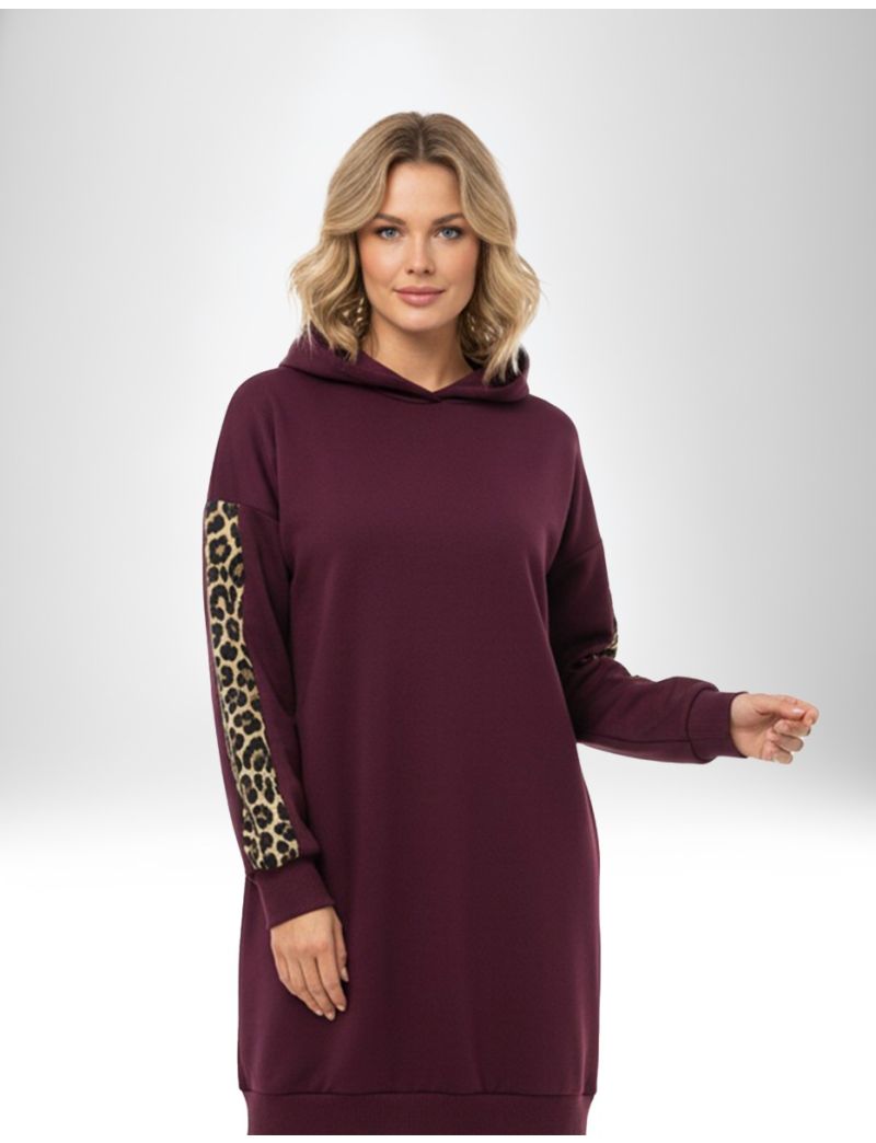 HOODED SWEATSHIRT WITH ANIMALIER CONTRAST INSERTS AND STRASS DETAILS ON SLEEVES