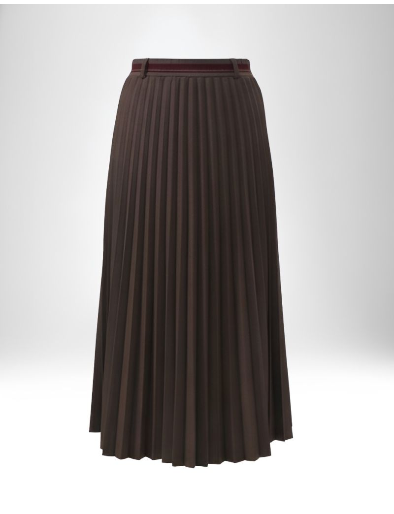 BROWN PLEATED MIDI SKIRT WITH RAW HEM AND BELT LOOPS