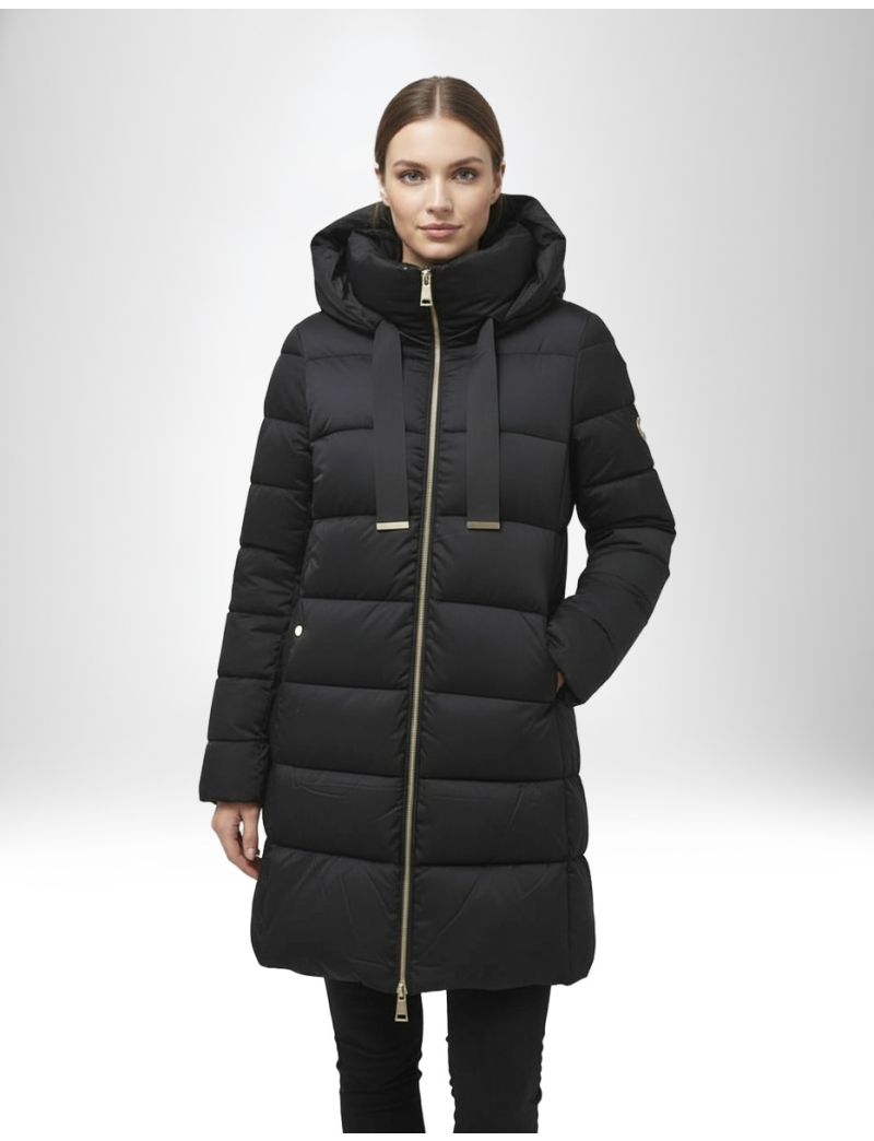 ELEGANT LONG PADDED JACKET WITH NON-REMOVABLE HOOD, NECK STRINGS AND TWO SIDE POCKETS WITH SNAP BUTTON CLOSURE