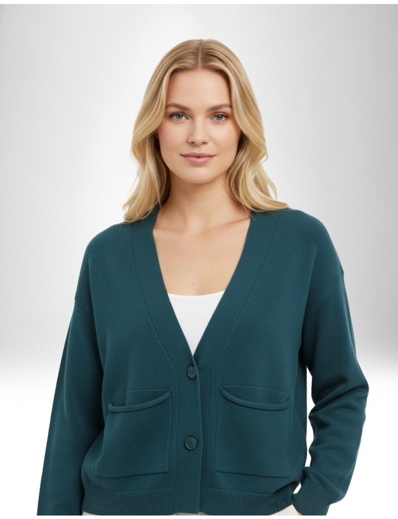 TEAL CARDIGAN WITH DEEP V-NECK AND TWO FRONT FLAP POCKETS